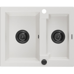 Mexen Carlos  konyhai mosogató gránit 1,5  medence+ pop up szifon 582 x 475 mm, fehér , szifon  fekete  - 6518581500-20-B 1,5 medencés 1,5 medencés 406959 Mexen