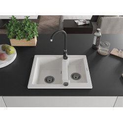 Mexen Carlos  konyhai mosogató gránit 1,5  medence+ pop up szifon 582 x 475 mm, fehér , szifon  fekete  - 6518581500-20-B 1,5 medencés
