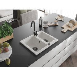 Mexen Carlos  konyhai mosogató gránit 1,5  medence+ pop up szifon 582 x 475 mm, fehér , szifon  fekete  - 6518581500-20-B 1,5 medencés 1,5 medencés 406959 Mexen
