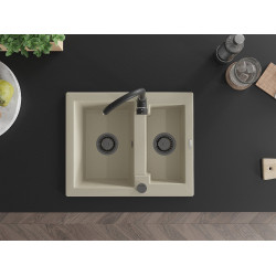 Mexen Carlos  konyhai mosogató gránit 1,5  medence+ pop up szifon 582 x 475 mm, beige, szifon  fekete  - 6518581500-69-B 1,5 medencés
