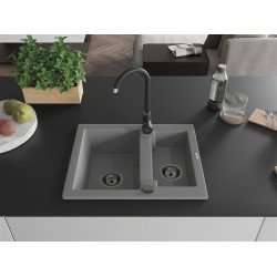Mexen Carlos  konyhai mosogató gránit 1,5  medence+ pop up szifon 582 x 475 mm, szürke , szifon  fekete  - 6518581500-71-B 1,5 medencés