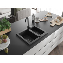 Mexen Carlos  konyhai mosogató gránit 1,5  medence+ pop up szifon 582 x 475 mm, fekete / króm, szifon  fekete  - 6518581500-73-B 1,5 medencés 1,5 medencés 406959 Mexen