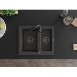 Mexen Carlos  konyhai mosogató gránit 1,5  medence+ pop up szifon 582 x 475 mm, fekete köhatasu, szifon  fekete  - 6518581500-76-B 1,5 medencés