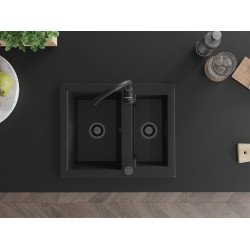 Mexen Carlos  konyhai mosogató gránit 1,5  medence+ pop up szifon 582 x 475 mm, fekete , szifon  fekete  - 6518581500-77-B 1,5 medencés