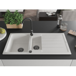 Mexen Andres  konyhai mosogató gránit 1,5 medence+csepegtetö+ pop up szifon  1000 x 500 mm, fehér , szifon  fekete  - 6515101510-20-B 1,5 medencés