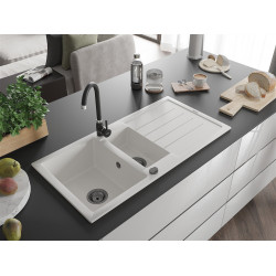 Mexen Andres  konyhai mosogató gránit 1,5 medence+csepegtetö+ pop up szifon  1000 x 500 mm, fehér , szifon  fekete  - 6515101510-20-B 1,5 medencés 1,5 medencés 406959 Mexen