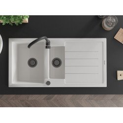 Mexen Andres  konyhai mosogató gránit 1,5 medence+csepegtetö+ pop up szifon  1000 x 500 mm, fehér , szifon  fekete  - 6515101510-20-B 1,5 medencés