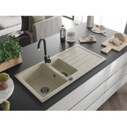 Mexen Andres  konyhai mosogató gránit 1,5 medence+csepegtetö+ pop up szifon  1000 x 500 mm, beige, szifon  fekete  - 6515101510-69-B 1,5 medencés 1,5 medencés 406959 Mexen