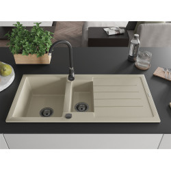 Mexen Andres  konyhai mosogató gránit 1,5 medence+csepegtetö+ pop up szifon  1000 x 500 mm, beige, szifon  fekete  - 6515101510-69-B 1,5 medencés