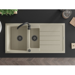 Mexen Andres  konyhai mosogató gránit 1,5 medence+csepegtetö+ pop up szifon  1000 x 500 mm, beige, szifon  fekete  - 6515101510-69-B 1,5 medencés