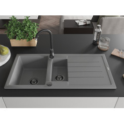 Mexen Andres  konyhai mosogató gránit 1,5 medence+csepegtetö+ pop up szifon  1000 x 500 mm, szürke , szifon  fekete  - 6515101510-71-B 1,5 medencés