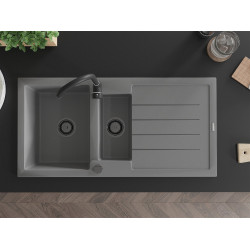 Mexen Andres  konyhai mosogató gránit 1,5 medence+csepegtetö+ pop up szifon  1000 x 500 mm, szürke , szifon  fekete  - 6515101510-71-B 1,5 medencés