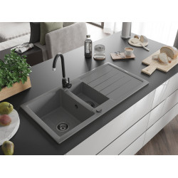 Mexen Andres  konyhai mosogató gránit 1,5 medence+csepegtetö+ pop up szifon  1000 x 500 mm, szürke , szifon  fekete  - 6515101510-71-B 1,5 medencés 1,5 medencés 406959 Mexen