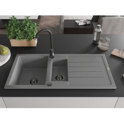 Mexen Andres  konyhai mosogató gránit 1,5 medence+csepegtetö+ pop up szifon  1000 x 500 mm, szürke , szifon  fekete  - 6515101510-71-B 1,5 medencés