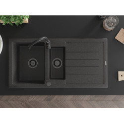 Mexen Andres  konyhai mosogató gránit 1,5 medence+csepegtetö+ pop up szifon  1000 x 500 mm fekete köhatasu, szifon  fekete  - 6515101510-76-B 1,5 medencés
