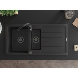 Mexen Andres  konyhai mosogató gránit 1,5 medence+csepegtetö+ pop up szifon  1000 x 500 mm fekete , szifon  fekete  - 6515101510-77-B 1,5 medencés
