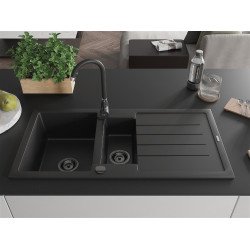 Mexen Andres  konyhai mosogató gránit 1,5 medence+csepegtetö+ pop up szifon  1000 x 500 mm fekete , szifon  fekete  - 6515101510-77-B 1,5 medencés