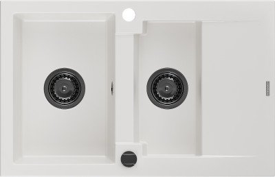 Mexen Gaspar  konyhai mosogató gránit 1,5 medence+csepegtetö+ pop up szifon  737 x 475 mm, fehér , szifon  fekete  - 6507731505-20-B 1,5 medencés