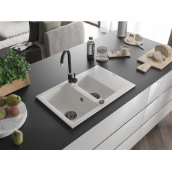 Mexen Gaspar  konyhai mosogató gránit 1,5 medence+csepegtetö+ pop up szifon  737 x 475 mm, fehér , szifon  fekete  - 6507731505-20-B 1,5 medencés 1,5 medencés 406959 Mexen