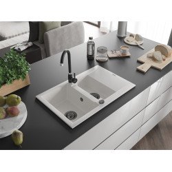 Mexen Gaspar  konyhai mosogató gránit 1,5 medence+csepegtetö+ pop up szifon  737 x 475 mm, fehér , szifon  fekete  - 6507731505-20-B 1,5 medencés