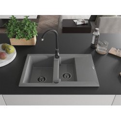 Mexen Gaspar  konyhai mosogató gránit 1,5 medence+csepegtetö+ pop up szifon  737 x 475 mm, szürke , szifon  fekete  - 6507731505-71-B 1,5 medencés