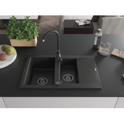 Mexen Gaspar  konyhai mosogató gránit 1,5 medence+csepegtetö+ pop up szifon  737 x 475 mm fekete / króm, szifon  fekete  - 6507731505-73-B 1,5 medencés