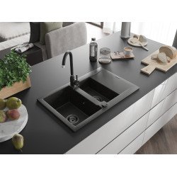 Mexen Gaspar  konyhai mosogató gránit 1,5 medence+csepegtetö+ pop up szifon  737 x 475 mm, fekete / arany, szifon  fekete  - 6507731505-75-B 1,5 medencés