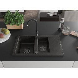 Mexen Gaspar  konyhai mosogató gránit 1,5 medence+csepegtetö+ pop up szifon  737 x 475 mm, fekete / arany, szifon  fekete  - 6507731505-75-B 1,5 medencés