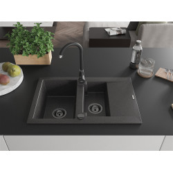 Mexen Gaspar  konyhai mosogató gránit 1,5 medence+csepegtetö+ pop up szifon  737 x 475 mm, fekete köhatasu, szifon  fekete  - 6507731505-76-B 1,5 medencés