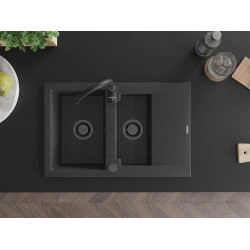 Mexen Gaspar  konyhai mosogató gránit 1,5 medence+csepegtetö+ pop up szifon  737 x 475 mm, fekete köhatasu, szifon  fekete  - 6507731505-76-B 1,5 medencés