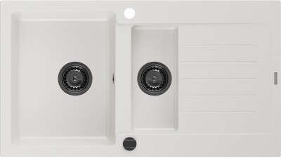 Mexen Matias  konyhai mosogató gránit 1,5 medence+csepegtetö+ pop up szifon  900 x 505 mm, fehér , szifon  fekete  - 6502901505-20-B 1,5 medencés