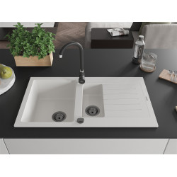 Mexen Matias  konyhai mosogató gránit 1,5 medence+csepegtetö+ pop up szifon  900 x 505 mm, fehér , szifon  fekete  - 6502901505-20-B 1,5 medencés