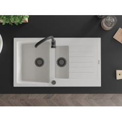 Mexen Matias  konyhai mosogató gránit 1,5 medence+csepegtetö+ pop up szifon  900 x 505 mm, fehér , szifon  fekete  - 6502901505-20-B 1,5 medencés