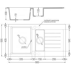 Mexen Matias  konyhai mosogató gránit 1,5 medence+csepegtetö+ pop up szifon  900 x 505 mm, beige, szifon  fekete  - 6502901505-69-B 1,5 medencés