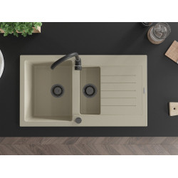 Mexen Matias  konyhai mosogató gránit 1,5 medence+csepegtetö+ pop up szifon  900 x 505 mm, beige, szifon  fekete  - 6502901505-69-B 1,5 medencés