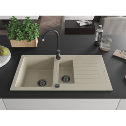 Mexen Matias  konyhai mosogató gránit 1,5 medence+csepegtetö+ pop up szifon  900 x 505 mm, beige, szifon  fekete  - 6502901505-69-B 1,5 medencés