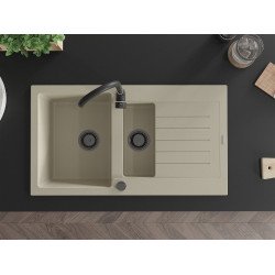 Mexen Matias  konyhai mosogató gránit 1,5 medence+csepegtetö+ pop up szifon  900 x 505 mm, beige, szifon  fekete  - 6502901505-69-B 1,5 medencés