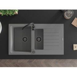 Mexen Matias  konyhai mosogató gránit 1,5 medence+ csepptálca+ pop up szifon 900 x 505 mm, szürke , szifon  fekete  - 6502901505-71-B 1,5 medencés