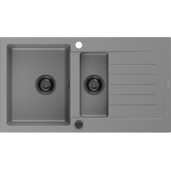Mexen Matias  konyhai mosogató gránit 1,5 medence+ csepptálca+ pop up szifon 900 x 505 mm, szürke , szifon  fekete  - 6502901505-71-B 1,5 medencés 1,5 medencés 406959 Mexen