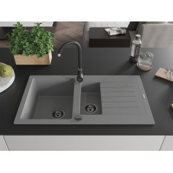 Mexen Matias  konyhai mosogató gránit 1,5 medence+ csepptálca+ pop up szifon 900 x 505 mm, szürke , szifon  fekete  - 6502901505-71-B 1,5 medencés