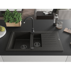 Mexen Matias  konyhai mosogató gránit 1,5 medence+csepegtetö+ pop up szifon  900 x 505 mm, fekete / arany, szifon  fekete  - 6502901505-75-B 1,5 medencés