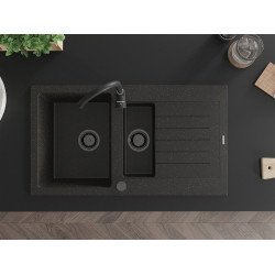 Mexen Matias  konyhai mosogató gránit 1,5 medence+csepegtetö+ pop up szifon  900 x 505 mm, fekete / arany, szifon  fekete  - 6502901505-75-B 1,5 medencés