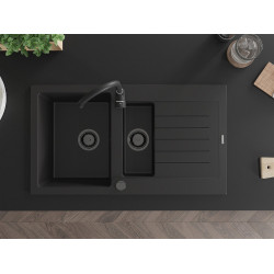 Mexen Matias  konyhai mosogató gránit 1,5 medence+csepegtetö+ pop up szifon  900 x 505 mm, fekete , szifon  fekete  - 6502901505-77-B 1,5 medencés
