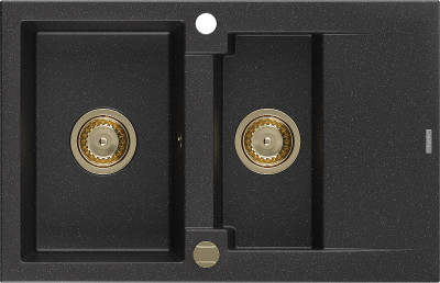 Mexen Gaspar  konyhai mosogató gránit 1,5 medence+csepegtetö+ pop up szifon  737 x 475 mm, fekete / króm, szifon  arany  - 6507731505-73-G 1,5 medencés