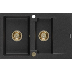 Mexen Gaspar  konyhai mosogató gránit 1,5 medence+csepegtetö+ pop up szifon  737 x 475 mm, fekete / króm, szifon  arany  - 6507731505-73-G 1,5 medencés 1,5 medencés 406959 Mexen