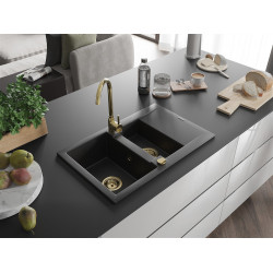 Mexen Gaspar  konyhai mosogató gránit 1,5 medence+csepegtetö+ pop up szifon  737 x 475 mm, fekete / króm, szifon  arany  - 6507731505-73-G 1,5 medencés 1,5 medencés 406959 Mexen
