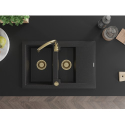 Mexen Gaspar  konyhai mosogató gránit 1,5 medence+csepegtetö+ pop up szifon  737 x 475 mm, fekete / króm, szifon  arany  - 6507731505-73-G 1,5 medencés