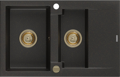 Mexen Gaspar  konyhai mosogató gránit 1,5 medence+csepegtetö+ pop up szifon  737 x 475 mm, fekete / arany, szifon  arany  - 6507731505-75-G 1,5 medencés