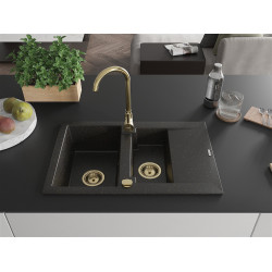 Mexen Gaspar  konyhai mosogató gránit 1,5 medence+csepegtetö+ pop up szifon  737 x 475 mm, fekete / arany, szifon  arany  - 6507731505-75-G 1,5 medencés