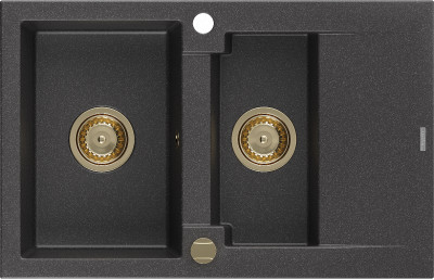 Mexen Gaspar  konyhai mosogató gránit 1,5 medence+csepegtetö+ pop up szifon  737 x 475 mm, fekete köhatasu, szifon  arany  - 6507731505-76-G 1,5 medencés